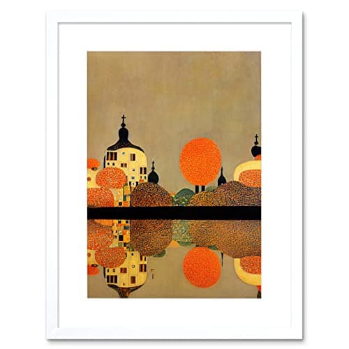 Image of Wee Blue Coo Gustav Klimt Style Autumn Lakeside Town Church Reflection Artwork Framed Wall Art Print 9X7 Inch
