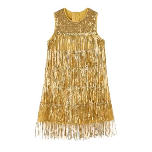 Image of Miipat Girls Sequin Fringe Dress Layered Sparkly Tassel Sleeveless Vintage 20s Flapper Dress Little Kids Dance Party Pageant Birthday Dresses(Gold, 7-8 Years)