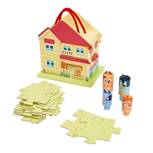 Image of BLUEY – Wooden Carry Along House - Indoor & Outdoor Play, 22 Pieces Including 6 Characters & 15 Piece Puzzle Mat - Portable Activity Set for Kids 3 Years and Up – 23cm Tall & FSC Certified
