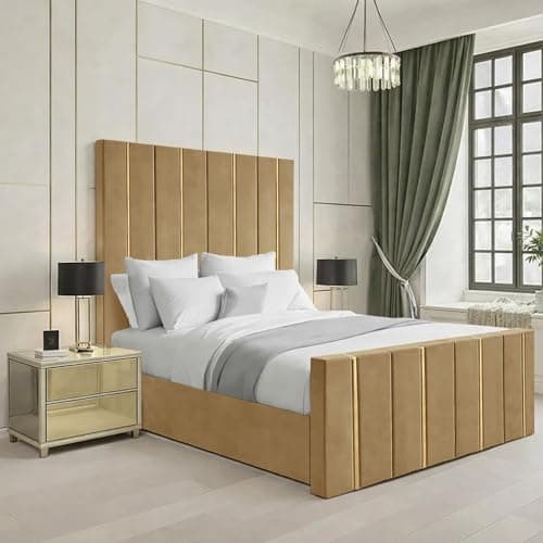 Image of Mink Plush 3FT Single Bed Frame with 48” Vertical Line Headboard & Footboard | Upholstered Bed Base Without Ottoman Storage | Modern Space Saving Bedroom Furniture