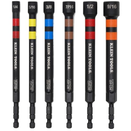 Image of Klein Tools 32940 SAE Magnetic Hollow Impact Nut Drivers Set, 6-Piece Color Coded Hollow Power Nut Driver with Extended Reach, 6 SAE Sizes