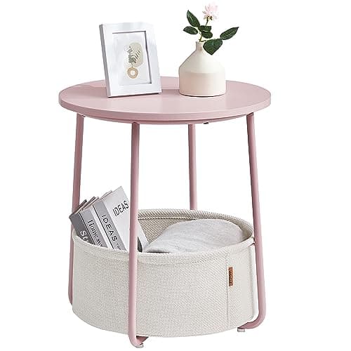 Image of VASAGLE Side Table, Round End Table with Fabric Basket, Spacious, for Living Room Bedroom, Bedside Table, Modern Style, Pastel Pink and Cloud White LET223R61