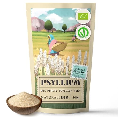 Image of NaturaleBio Organic Psyllium Husk - 99% Purity - 200g. Pure & Natural Psyllium Seed Husks, Produced in India. High in Fibre, to be Mixed with Water, Beverages, & Juices, Vegetarian & Vegan.