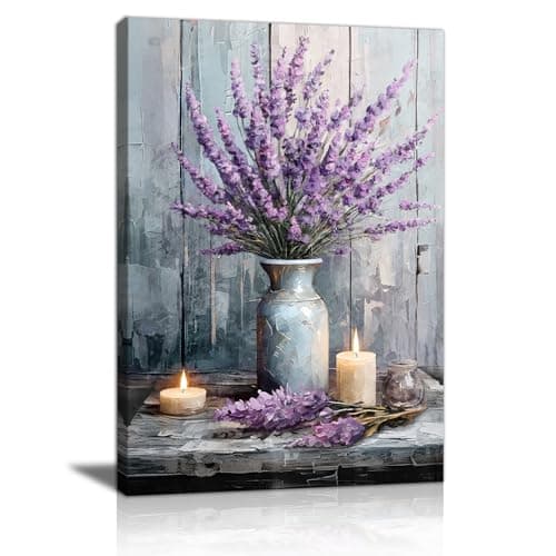 Image of FajerminArt Purple Lavender in the Vase Framed Canvas Wall Art, Rustic Country Candle Wall Pictures Printed Poster Painting on Canvas Wall Decor for Bedroom Living Room Bathroom Ready to Hang 40×60cm