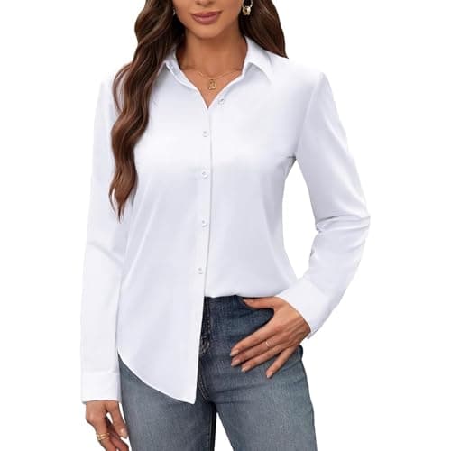 Image of InfiniZer White Shirts for Women UK, Button Down Oversized Long Sleeve Ladies White Shirt, Business Casual Blouse Top for Women (UK, Alpha, L, Regular, Regular)