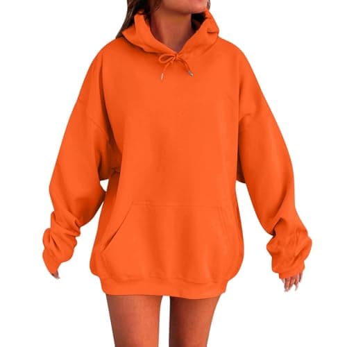 Image of Lightweight Hoodies Women Womens Hoodies Oversized Ladies Casual Pullover Tops Long Sleeve Solid Color Hoodie Autumn Winter Sweatshirts with Pockets Womens Jumpers Size 14 Orange