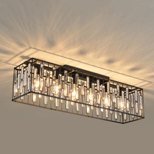 Image of JIINOO Modern Crystal Ceiling Light, 6 Light Black Chandelier Ceiling Lights Fixture, Classical Rectangle Chandeliers for Living Room Kitchen Hallway Island Bar, E27