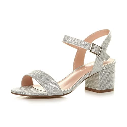 Image of Women Ladies Low Block Heel peep Toe Ankle Strap Strappy Party Sandals Size, 6 UK, Silver Glitter