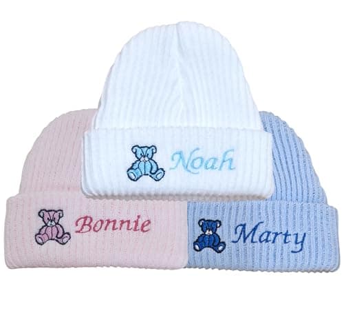 Image of Teeny Buddens Baby Newborn hat Knitted Beanie Boys Girls Unisex Personalised Teddy Bear (White)