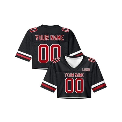 Image of Custom Football Jerseys for Women Personalized - Crop Top Jersey with Printed Team Name & Number | Breathable Polyester Sports Uniform for Football Games, Training, Y2K Streetwear Black