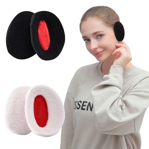 Image of BDSHUNBF 2 Pair Ear Muffs Ear Warmers, Winter Ear Warmers Bandless, Women Earmuffs Ear Bags, Ear Warmer Winter Ear Muffs Winter Polar Fleece Ear Bags Soft Ear (black+white, M)