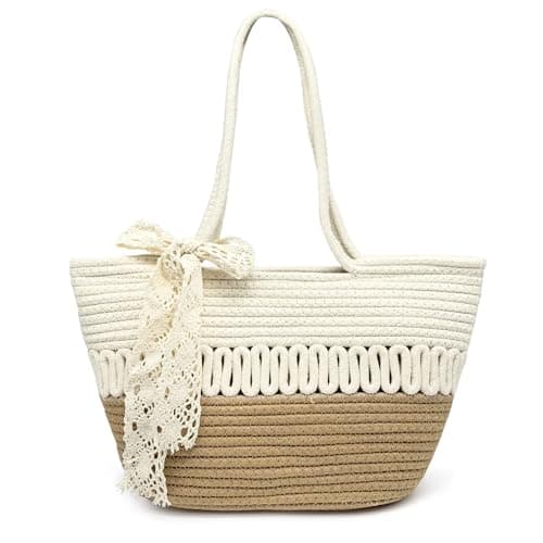 Image of Pahajim Tote Bags Holiday Handbags for Women Woven Basket Bag with Zip Ladies Summer Cotton Rope Shoulder Bag for Travel, Beach and Shopping