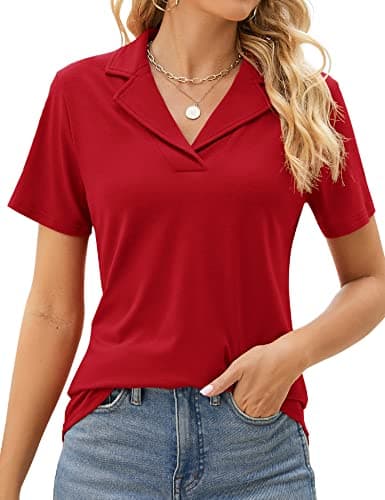 Image of Rapbin Women Polo Shirt Classic Short Sleeve Collared V Neck Summer Sport Tops Business Casual Work Golf Polos Tunic Blouse (Red, 12-14)