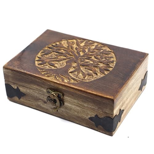 Image of Handmade Wooden Tree of Life Jewelry Box | Hand-Carved Decorative Keepsake Organizer with Lid | Unique Gift for Men & Women (7" x 5" x 2.5")