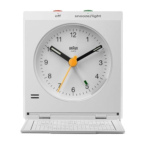 Image of Braun Classic Analogue Travel Alarm Clock with Snooze and Light, Iconic Design, Compact Size, Folding Lid with World Time Zone Map, Quiet Quartz Movement, Crescendo Beep Alarm in White, model BC05W