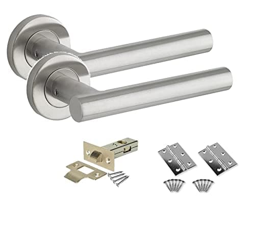 Image of Golden Grace Straight T-Bar Door Handle On Round Rose in Stainless Steel Satin Nickel Finish with Tubular Latch & Hinges - 1 Set