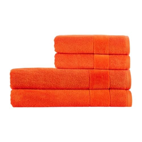 Image of Christy Prism Bath Sheet Set | 4 pieces | Vibrant Colours | 100% Turkish Cotton | Super Soft and Fluffy | Quick Dry | 2 Bath Sheets 2 Hand Towels | Orangeade Orange