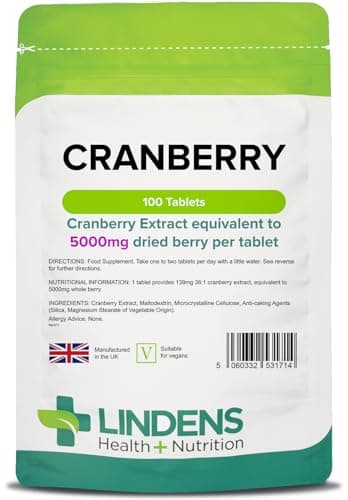 Image of Lindens - Cranberry Juice 5000mg - 100 Tablets - UK Made - Rich in Polyphenols and Antioxidants - Urinary Health Support, Popular with Women - Letterbox Friendly