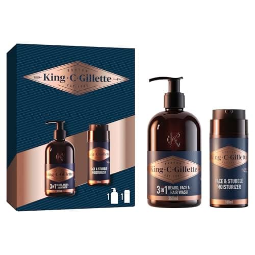 Image of King C. Gillette Men's Beard Care & Grooming Set, 3-in-1 Beard, Face & Hair Wash 350ml, Face & Stubble Moisturiser 100ml, with Sandalwood, Cedar Scent, Gift for Men