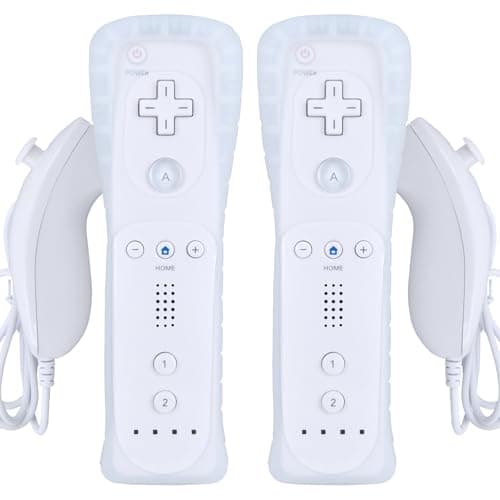 Image of RYQIF Two-Player Wireless Controller Compatible with Wii/Wii U (8 Pieces:Includes 2 white remote controllers with built-in Motion Plus accelerators, 2 joysticks, protective covers, and a wrist strap)