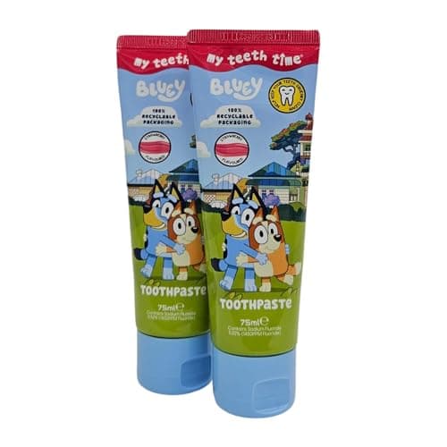 Image of Kids Bluey Toothpaste: Fluoride Protection, Strawberry Flavor, Sugar-Free Formula, 75 ml Tubes (Pack of 2) for Effective Dental Care and Happy Smiles