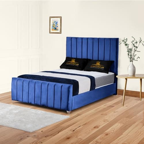 Image of Richmond Upholstered Bed Frame in Plush Velvet | Elegant Vertical Panel Headboard & Footboard | Gas Lift Storage or Wooden Slats (Royal Blue, 4FT6 Double No Storage Slat Base With Mattress)