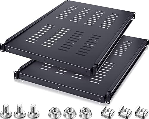 Image of Hortsun 2 Pieces 1U Adjustable Server Rack Mount Shelf Vented Universal Tray 175 lbs 27.5 to 38 Inch Adjustable Mounting Depth Adjustable Rack Shelf for 19 Inch AV/Network Equipment Rack, Black