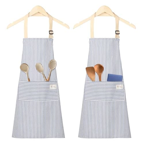 Image of Cjytdkj Stripe Bib Apron, 2pcs Aprons with Pockets, Adjustable Kitchen Aprons for Women/Men, Suitable for Cooking, BBQ, Baking, Gardening, Household Cleaning, Restaurant(Blue Stripes)