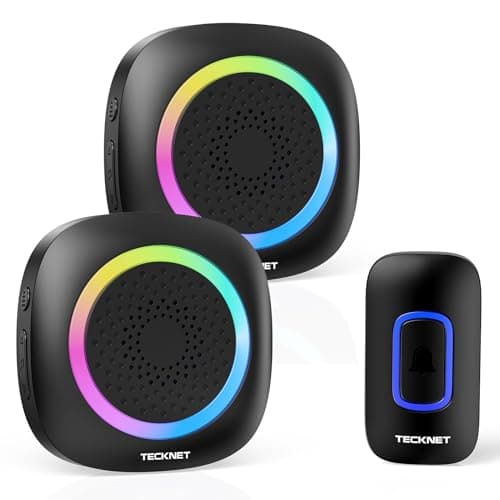 Image of TECKNET Wireless Doorbell with 2 Portable Receiver, RGB Light Door Bell Battery Powered IP66 Waterproof Door Chime Kit, 1300ft Wireless Range, 60 Chimes & 5 Level Volume, Using Time up to 4.5 Years