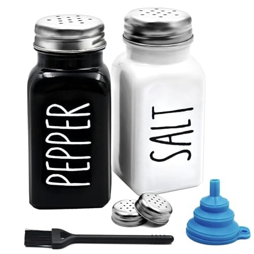 Image of Country Salt and Pepper Shakers Set, Vintage Glass Black and White Shaker Sets, 4 Stainless Steel Lids a Cleaning Brush, 1 Funnel, Farmhouse Style Kitchen Decor for Home Restaurant Wedding