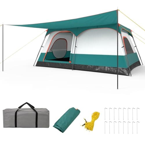 Image of COSTWAY 2-Room Camping Tent, 8-10/6-8/4-6 Man Family Dome Tent with Porch, Removable Rainfly, 2 Doors, 2 Mesh Windows & Carrying Bag, PU 1000MM Waterproof Sun Shelter for Hiking (420 x 305 x 200cm)