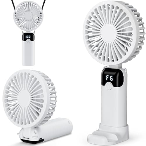 Image of Handheld Fan, USB Rechargeable Portable Mini Hand Held Fan with 6 Speeds 4000mAh Battery Operated, Foldable Desk Small Fans with LED Display for Home Office Travel Outdoor Use, Summer Gift (White)