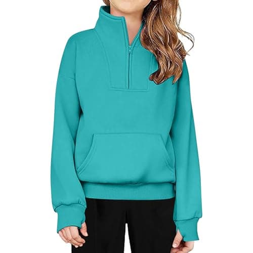 Image of duxyoz Mint Green Sweatshirts For Kids Girls Solid Color Long Sleeve Sweater School Jumper Hoodie Warm Fall Winter Clothes Half Zip Sweatshirt Quarter Zip Pullover Sweatshirts For Teenage 7-8 Years
