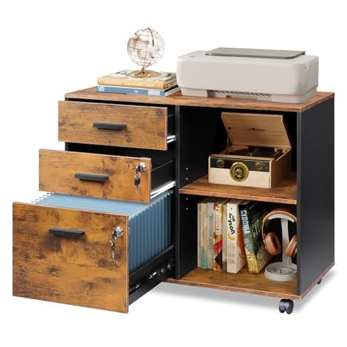 Image of DEVAISE 3 Drawer Mobile File Cabinet,Wood Lockable Drawers Printer Stand with Open Storage Shelf fits A4 or Letter Size for Home Office, Rustic Brown