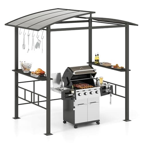 Image of COSTWAY Hardtop Grill Gazebo, Outdoor BBQ Shelter with Vented Roof, Side Shelves & Hooks, 2.5 x 1.5 m Metal Frame Double Tiered Grill Canopy Pavilion for Garden Patio Party