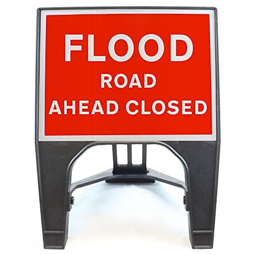 Image of Flood Road Ahead Closed 600x450mm Road Sign - Plastic Temporary Road Street Traffic Safety Sign for Road and Street Works - Freestanding with Reflective Sign Face