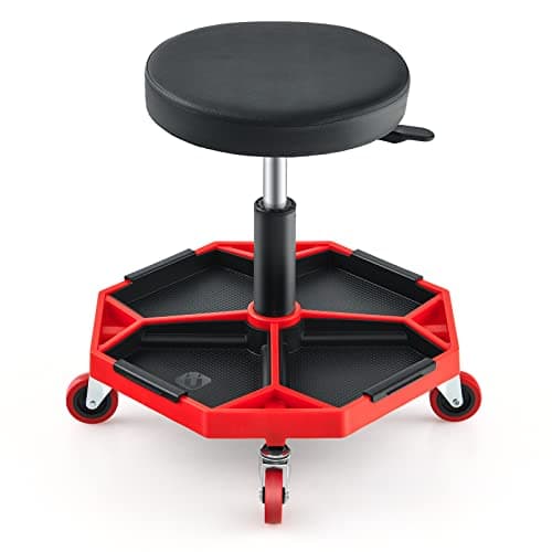 Image of TANGZON 150KG Pneumatic Rolling Mechanic Stool, 41CM-55CM Height Adjustable & 360° Swivel Roller Creeper Seat with Removable Tool Tray and Wheels, Heavy Duty Padded Garage Workshop Stool