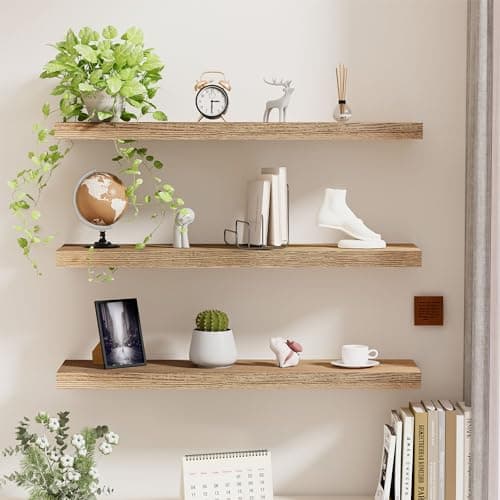 Image of wyewye Wood Floating Shelves Set of 3, Wall Mounted Rustic Shelves, Decorative Floating Shelf Length 60 cm, Wall Display Racks with Invisible Brackets for Bedroom, Kitchen, Living Room, Office