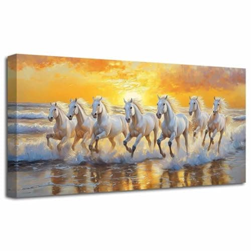 Image of LZIMU Horses Wall Art 7 White Horses Running Picture Wildlife Painting Sunrise Wild Animals Canvas Prints Sunset Nature Landscape Poster Modern Artwork Home Decor (Gold, (30L x 60W cm))