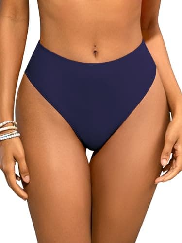 Image of SHEKINI Women High Waisted Bikini Bottoms Tummy Control High Cut Swim Thong Briefs Swimming Bottom Blue-XL
