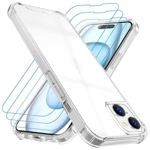 Image of Whioltl Case for iPhone 15 with [3 Pack] Tempered Glass Screen Protectors, Crystal Clear Phone Cover, Anti-Scratch and Shock-Absorption, Transparent Basic Case Compatible with Wireless Charger-4 in 1