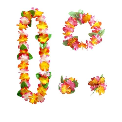 Image of SOPSTUO Hawaiian Garland, Hawaiian Leis Set, Hawaiian Fancy Dress Garland Necklace Wristbands, Luau Aloha Flower Lei for Tropical Party Accessories for Adults (Orange)