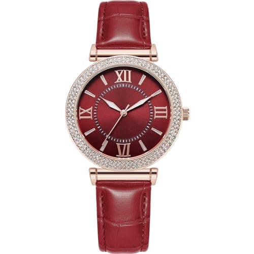 Image of NUOVO Ladies 39.5mm Rhinestone Bezel Dress Watch 30m Water Resistant Large Women's Watches Rose Gold Case with Red Dial and Red Leather Strap