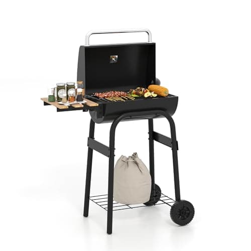 Image of COSTWAY Charcoal BBQ Grill, Garden Barbecue Trolley with Wheels, Shelves and Thermometer, Outdoor Smoker Griller for Camping Picnic Party (with Folding Side Table)