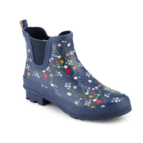 Image of Pavers Block Heel Rubber Ankle Wellies - Navy Floral Size 8