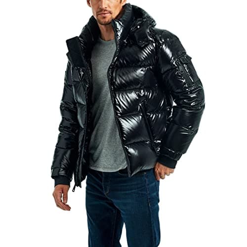 Image of sunongvt Shiny Down Jacket for Men,Winter Waterproof Hooded Full Zip Warm Puffer Jacket Windproof Stand Collar Casual Coat,Black,L