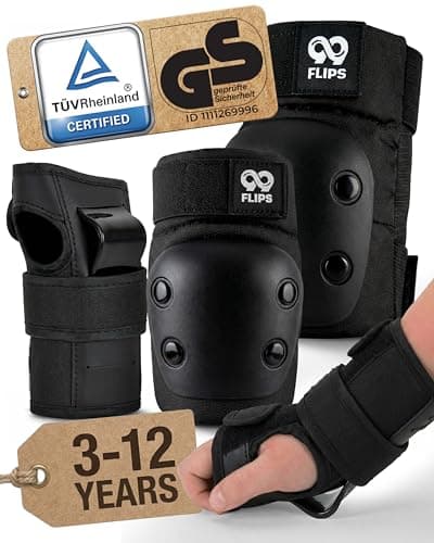 Image of 99FLIPS Knee Pads for Kids - Kids Elbow and Knee Skating Pads - Wrist Guards - - SLIDE - Size XS - BLACK - Skateboard, Scooter & Inline Skates