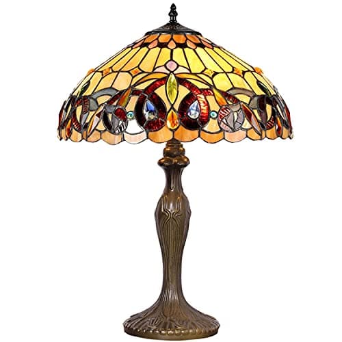 Image of WERFACTORY Tiffany Style Table Lamp Colorful Stained Glass Serenity Victorian Bedside Lamp16X16X24 Inches Desk Light Metal Base Decor Bedroom Living Room Home Office S021 Series…