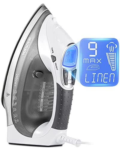 Image of BEAUTURAL 2400 W Steam Iron with LCD Display, Variable Temperature and Double Ceramic Coated Soleplate, 8 ft Power Cord and 340ML Tank-White/Grey