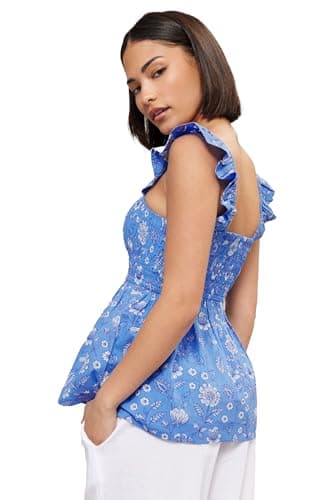 Image of PixieGirl Petite Blue Floral Frill Sleeve Cotton Smock Top Petite